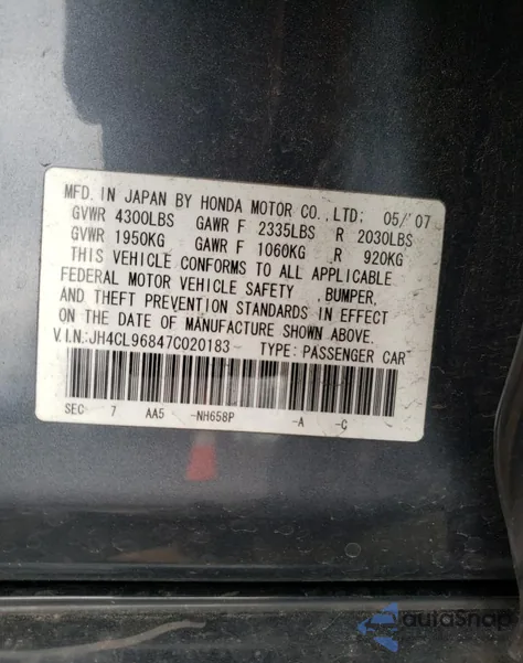 2007 Acura Tsx from USA, damaged, VIN JH4CL96847C020183